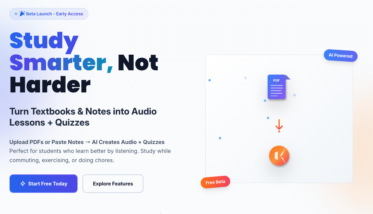 VoiceBrief marketing view showing study playlist and quiz prompts